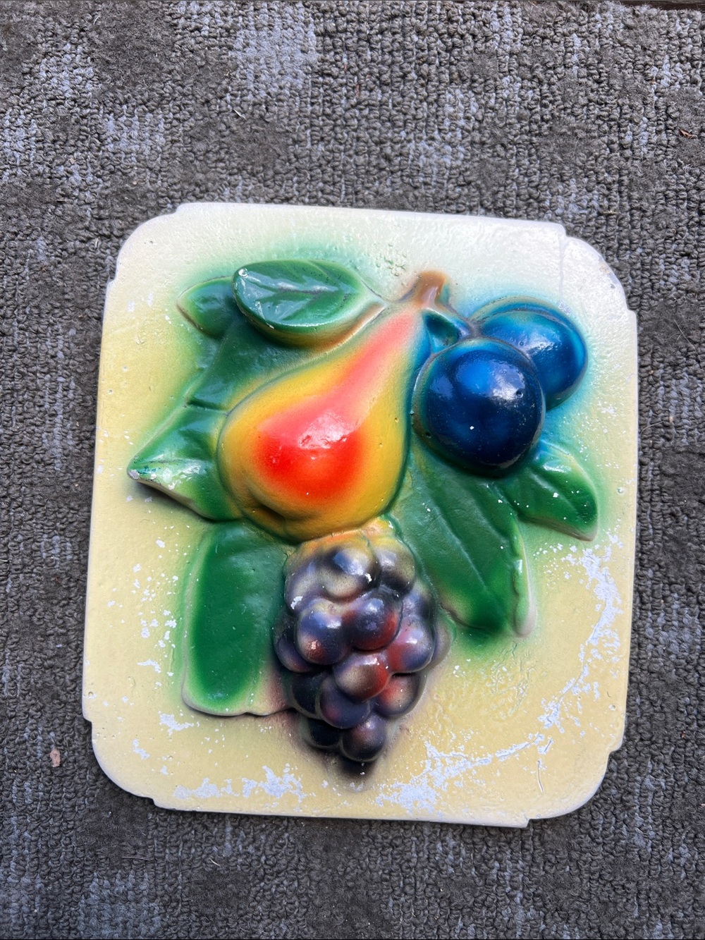 Vintage MCM Chalkware Fruit Plaque 70's kitsch kitchen groovy
